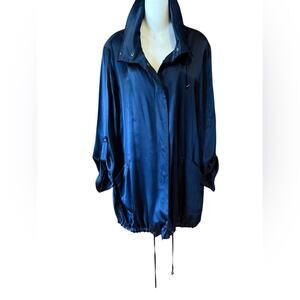 Chico’s Size 3 (XL) Navy Blue Silk Jacket Snap Closure Drawstring Bottom
